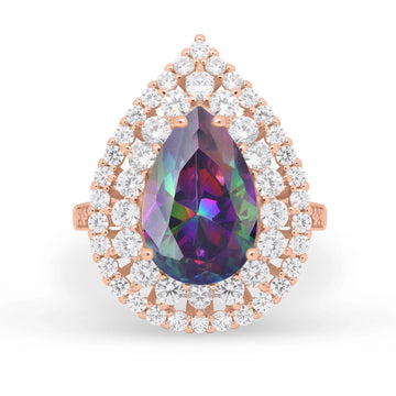 Teardrop Cocktail Ring Pear Rose Tone, Simulated Rainbow CZ 925 Sterling Silver